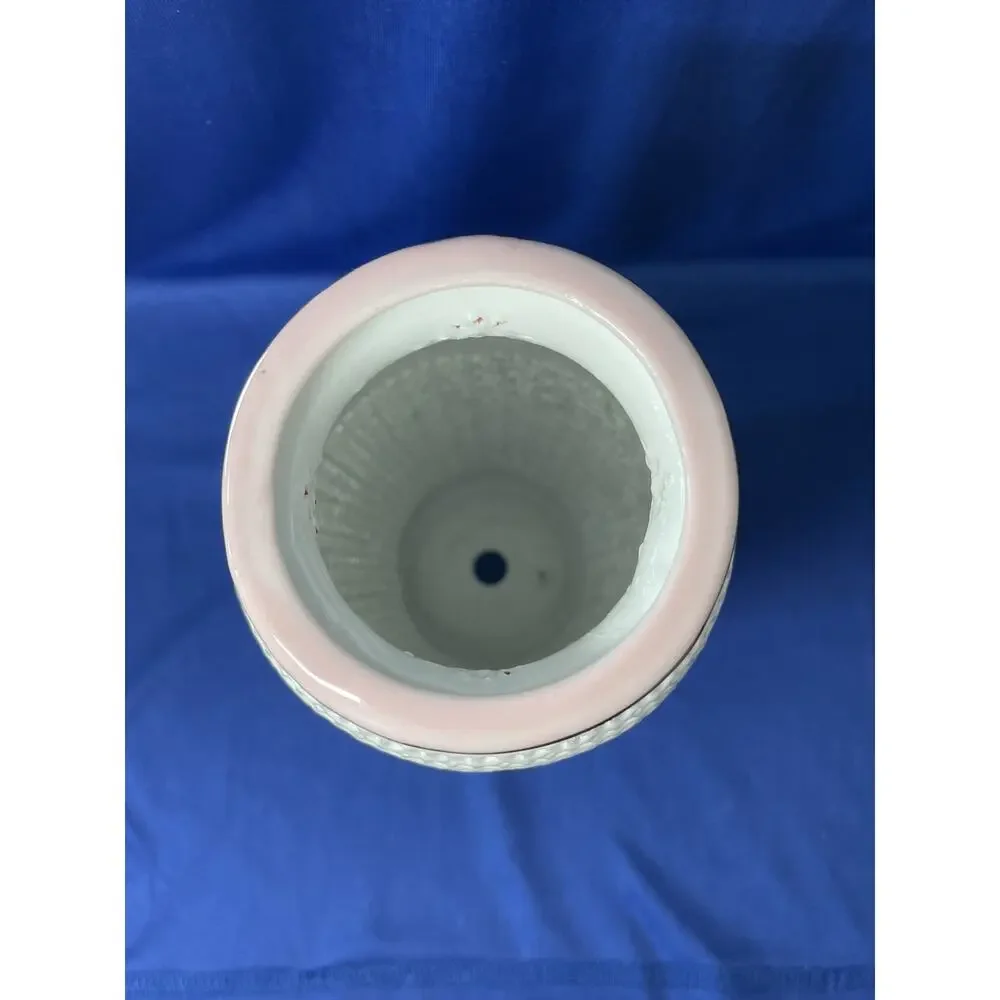 Unique Open Weave Pink and White Vase with Gold Trim